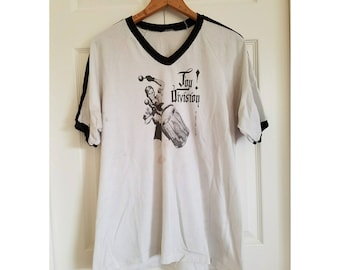 Vintage Joy Division destroyed an ideal for living  ringer tee - stripe sleeve- new wave 80s