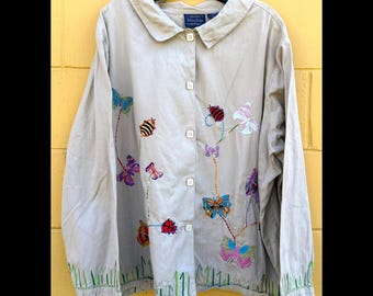 Vintage Willow Ridge Canvas Button-Up Shirt Butterfly & Ladybug Embroidery Sz 3X