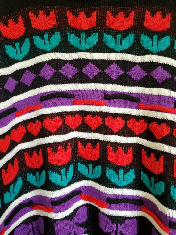 Vintage 80s Knit Oversized Sweater- tulips hearts… - image 2