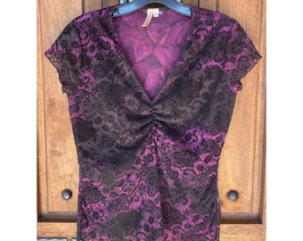 Vintage Y2K Black Floral Purple Sparkle Mesh Top, Size Medium, Grunge, Vampy, Goth, Fairycore