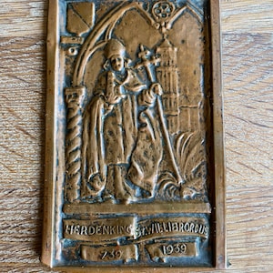 Vintage brass commemorative plate St Willibrord 1939