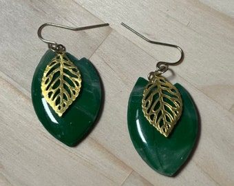 Spring Leaves Earrings with Gold Plated Ear Wires - Spring Leaves Earrings with Gold Plated Leaves and Ear Wires