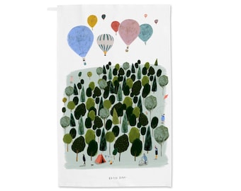 Happy Days Quirky Tea Towel Gift - Illustrated tea towel Gift for her - Hot air balloon Tea Towel by Katy Pillinger Designs