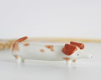 Miniature ceramic sausage dog ornament gift - Handmade Dachshund gift for dog lovers, Quirky gifts for the home by Katy Pillinger, UK