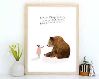 Typography Bear and Girl Bedroom Art Print  - Inspirational nursery wall art for girls room, A4 nursery art poster for Girls, quirky print