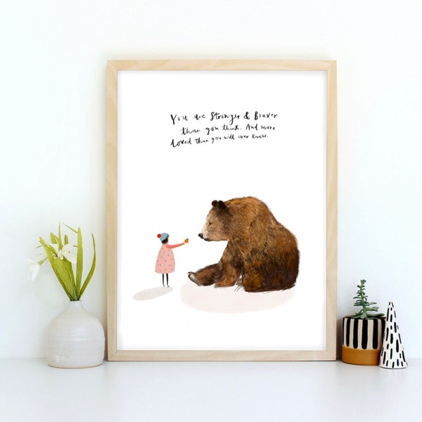 Typography Bear and Girl Bedroom Art Print  - Inspirational nursery wall art for girls room, A4 nursery art poster for Girls, quirky print