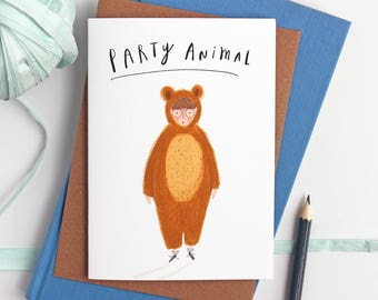 Funny Party Animal illustrated Birthday Card - Quirky animal Celebration card - hand Illustrated Birthday card for him - Card for her