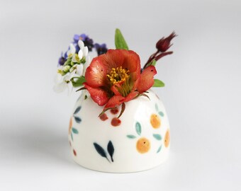 Miniature Ceramic Posy Pot with illustrated leaves and berries by Katy Pillinger Designs, UK