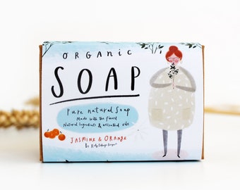 Jasmine and Orange Organic Soap - Natural essential oils vegan soap - Illustrated quirky gifts for her - Bath Gifts by Katy Pillinger