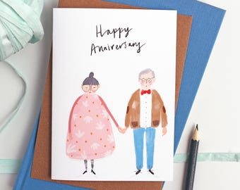 Illustrated Happy Anniversary Card - Love Card for him, Card for grandparents, Growing old together quirky card by Katy Pillinger