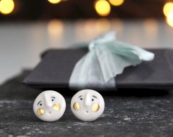 Sterling Silver Ceramic Earstuds with gold lustre - Quirky handmade Ceramic Earrings - silver jewellery gift for her - Katy Pillinger