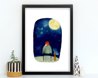 Stargazer Childs Nursery wall art print A4 - Quirky Nursery art Gift for the home, moon and starts wall art, kids room art, quirky art print