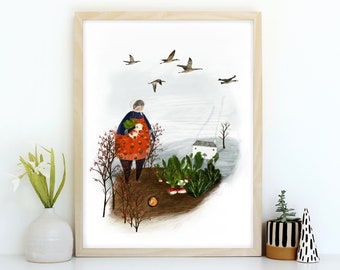 Winter Scene Wall Art Illustration Print for the home - Children's Wall Art, Nursery wall Art Print - Cosy art print Gifts - Katy Pillinger