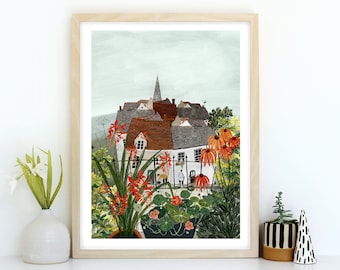 English Village Quirky rooftop wall Art Print Gift for the home - A4 and A3 wall art home decor - Flowers and Plants wall art print