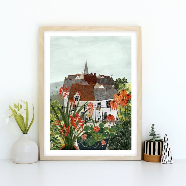 English Village Quirky rooftop wall Art Print Gift for the home - A4 and A3 wall art home decor - Flowers and Plants wall art print