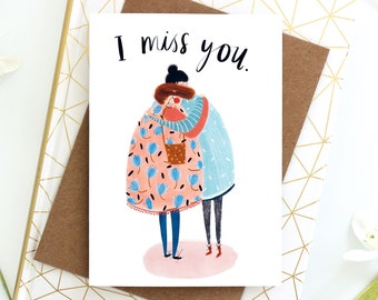 I miss you card - illustrated missing you card - Long distance card, greetings card for friends, friendship card, Katy Pillinger Designs