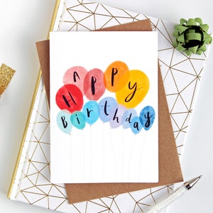 Luftballons Geburtstagskarte, Geburtstagskarte für jedes Alter, einfache Geburtstagskarte, schrullige illustrierte Geburtstagskarte von Katy Pillinger Designs UK