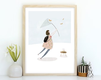 Butterfly Catcher children's wall art print  - Whimsical girls room wall decor, Nature inspired illustration art poster by Katy Pillinger