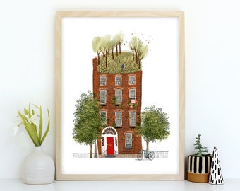 Tree House Quirky Wall Art Print - British London Townhouse Children's Nursery Wall Art Print - A3 A4 Illustration Print Home Decor Gift
