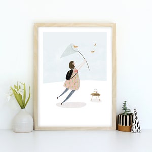 Butterfly Catcher children's wall art print Whimsical girls room wall decor, Nature inspired illustration art poster by Katy Pillinger image 1