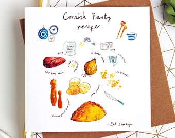 Cornish Pasty recipe Card - Cornish - All occasions card - notecard - Thank you card - Birthday Card - Cornwall - Food illustration - Pasty