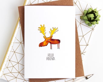 Hello Moose Card for Friends - Long distance friendship card - Quirky illustrated greetings card to say hello - Blank note card for her