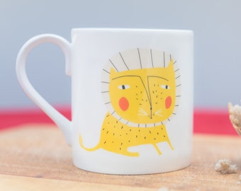 Quirky Yellow Cat Lion Mug - Screenprinted Ceramic Fine Bone China, Limited Edition