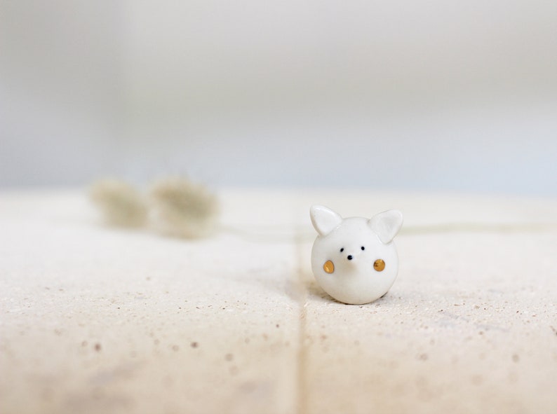 Ceramic Snow Fox Pin Badge Quirky handmade ceramic brooch jewellery gift Stoneware ceramic fox lapel pin White and gold birthday gift image 4