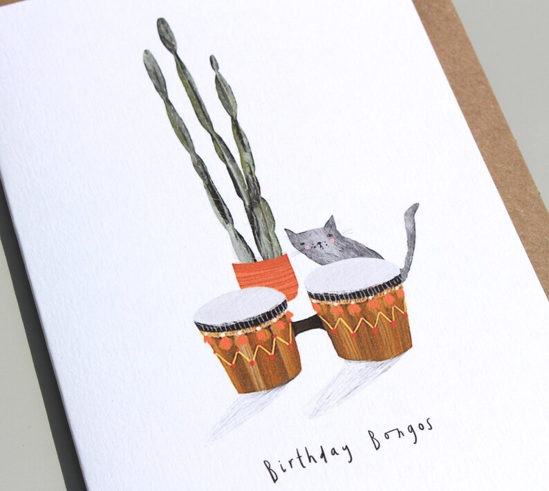 Cactus Cat Bongos Birthday Card Happy Birthday Greetings Etsy