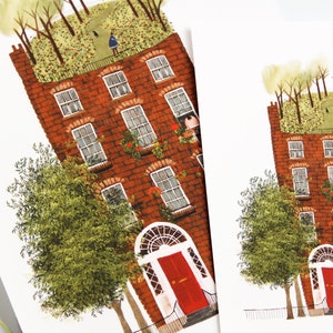 May include: A red brick building with a green roof and trees growing on top. The building has a red door and windows. There are flowers in pots on the windowsills.