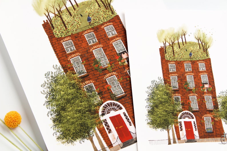 May include: A red brick building with a green roof and trees growing on top. The building has a red door and windows. There are flowers in pots on the windowsills.