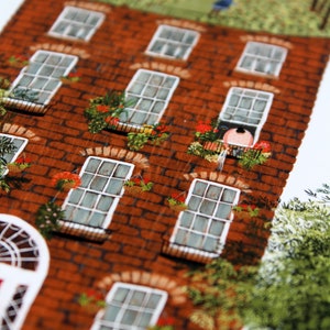May include: A watercolor painting of a brick building with windows and flower boxes. The building has a green roof with trees growing on it. The building is painted in shades of red, brown, and green.