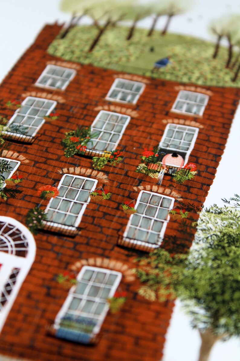 May include: A watercolor painting of a brick building with windows and flower boxes. The building has a green roof with trees growing on it. The building is painted in shades of red, brown, and green.