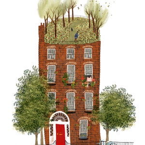 May include: A red brick building with a green roof garden. The roof garden has a path and small trees. There are windows on each floor of the building. A red door is at the front of the building. There is a bicycle parked in front of the building.