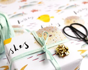 Birthday Fishes Fish Wrapping Paper - quality birthday wrapping paper - fun animal gift wrap 50 x 70 cm Sheet -  illustrated Gift wrap Fish