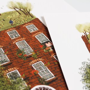May include: A red brick building with a green roof and windows. The building has a garden on the roof with trees and flowers.