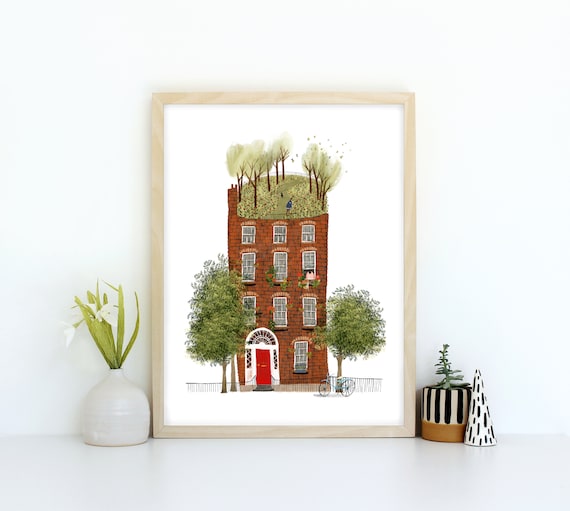 Tree House Quirky Wall Art Print - British London Townhouse Children's Nursery Wall Art Print - A3 A4 Illustration Print Home Decor Gift