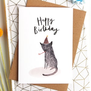Alles Gute zum Geburtstag grau Katze Geburtstagskarte - Katze-Liebhaber-Geburtstagskarte - schrulligen Geburtstagskarte für Katzenmenschen, illustrierte Katze Geburtstagskarte für Sie
