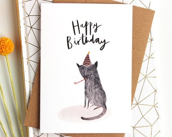 Happy Birthday Grey Cat Birthday Card - Cat lover birthday card - Quirky birthday card for cat people, Illustrated cat birthday card for her