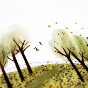 May include: A watercolor painting of a forest scene with trees and bees. The trees are painted in shades of green and white, and the bees are yellow with black stripes. The background is white.
