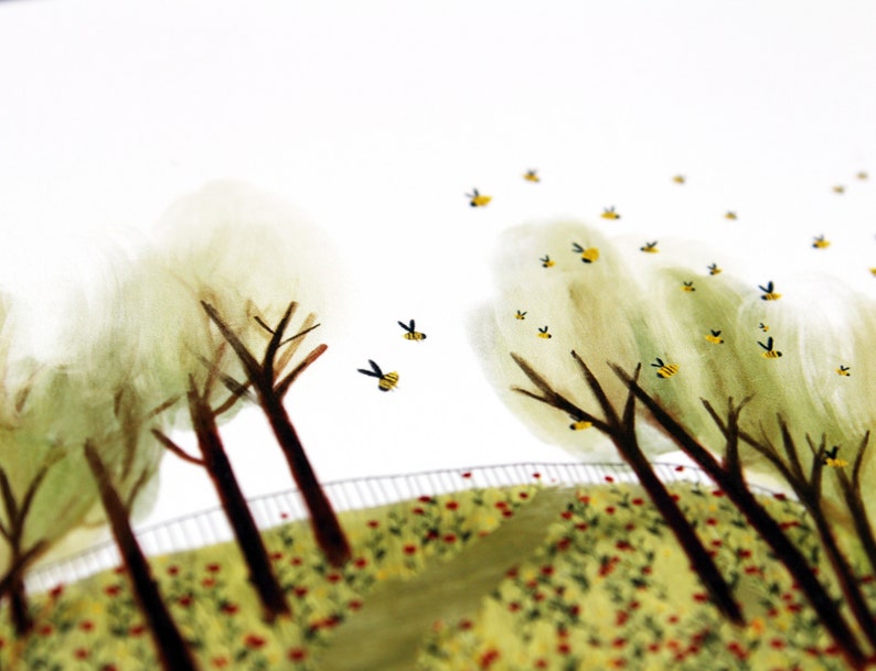May include: A watercolor painting of a forest scene with trees and bees. The trees are painted in shades of green and white, and the bees are yellow with black stripes. The background is white.