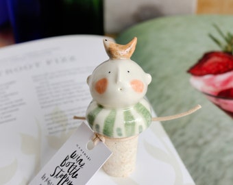 Ceramic wren wine bottle stopper with natural cork by Katy Pillinger Designs, UK