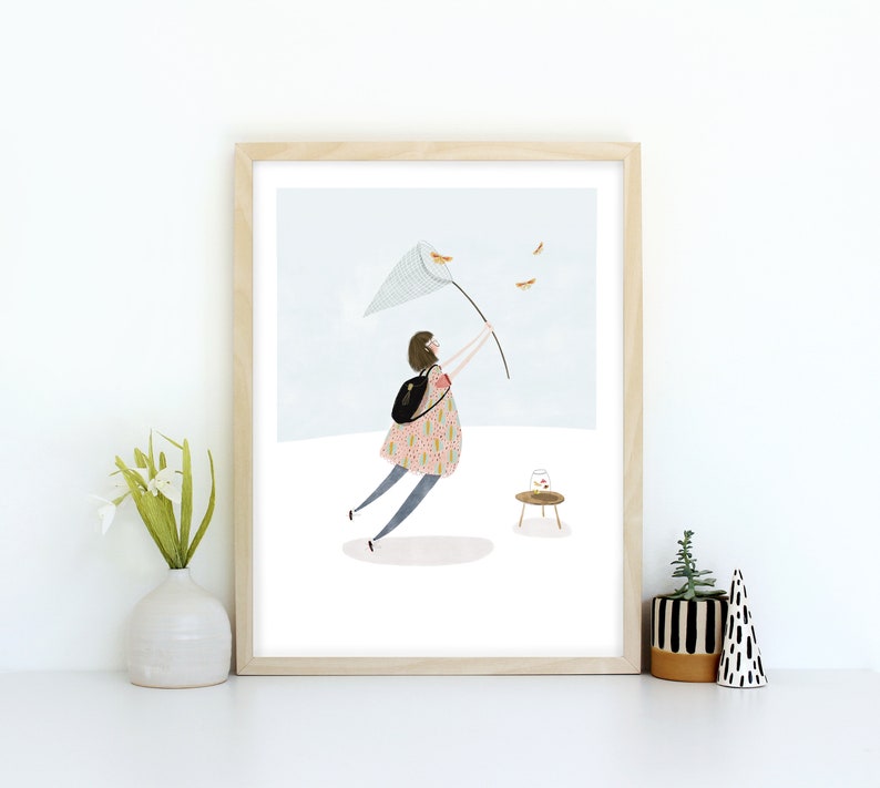 Butterfly Catcher children's wall art print Whimsical girls room wall decor, Nature inspired illustration art poster by Katy Pillinger image 1