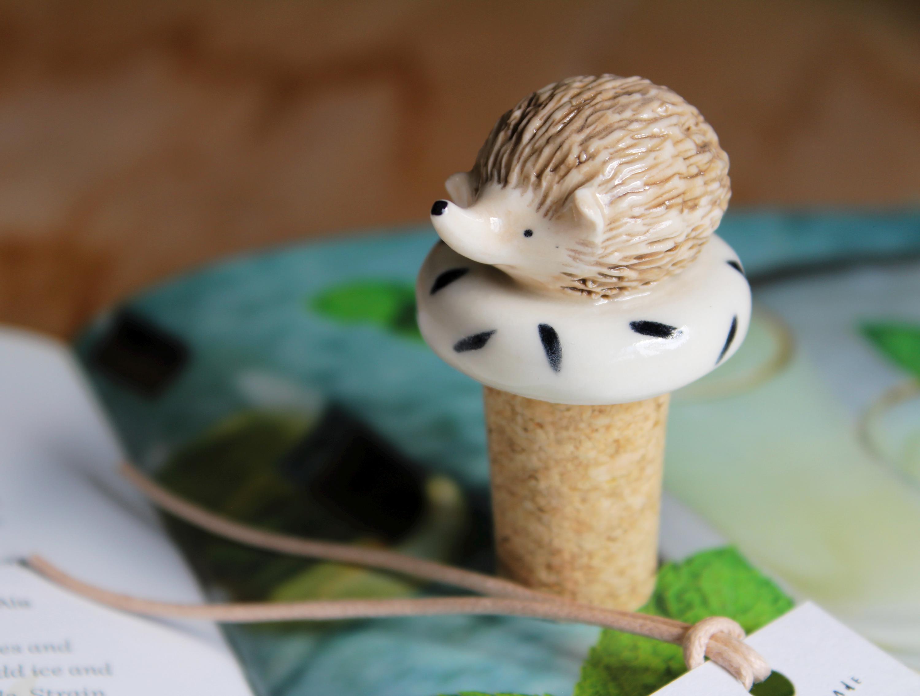 Hedgehog ceramic wine bottle stopper gift for nature lovers by Katy Pillinger Designs, UK.