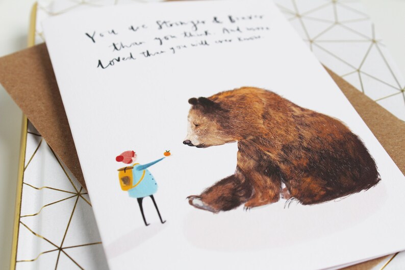 Carte d'amour illustrée Strong & Brave - Carte de pensée pour vous, Carte de rétablissement, Carte d'amour, Carte d'amitié motivante, Grizzly image 3