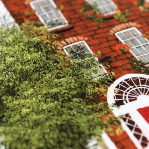May include: A red brick building with white windows and a red door. The building is covered in green vines and has a white arched doorway.