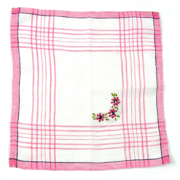 Hanky with Embroidered Flowers Plaid Hanky Homespun Hanky 1950s