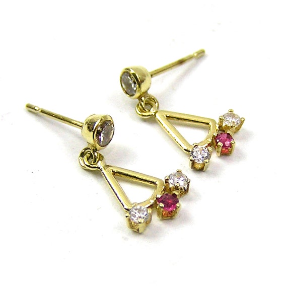 Gold Earrings for Child Tiny Gold Diamond and Rub… - image 3