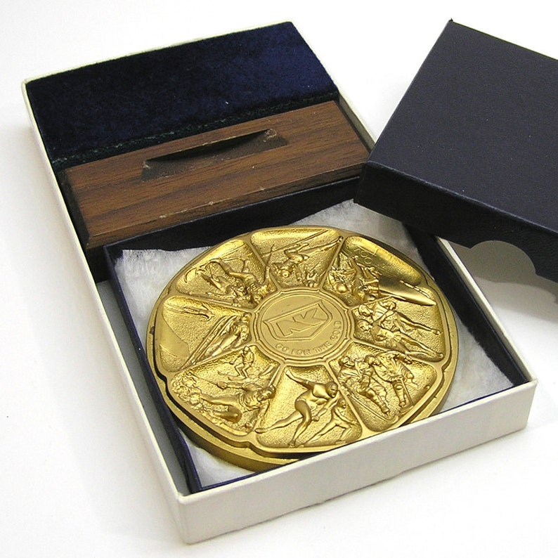 Vintage 1980s Olympics Calendar Medallion by Northrup King with Wood Stand Winter Olympics Dreamer of Dreams Calendar