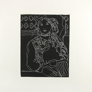 Fashion Art 1968 Handmade Etching of Woman Black Background Print